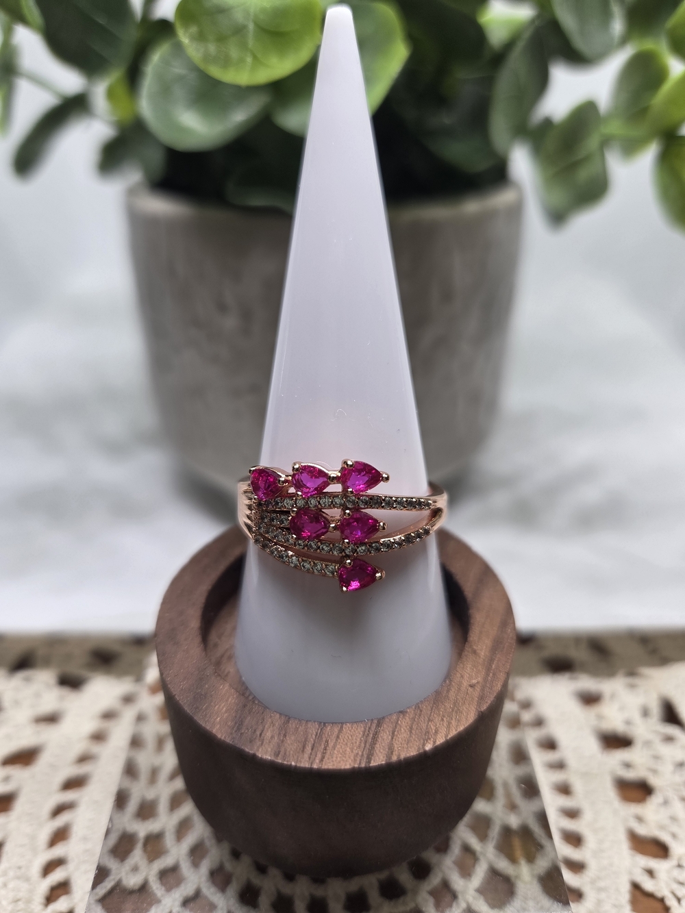 BP Rose-Tone Ring with Vibrant Pink Teardrop Stones and Pavé Accents